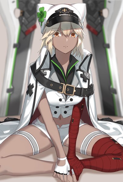 Anime picture 843x1250 with guilty gear guilty gear strive ramlethal valentine kfr single long hair tall image looking at viewer fringe blonde hair hair between eyes sitting brown eyes full body blurry midriff depth of field dark skin clothes on shoulders double buttons
