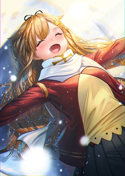 Anime picture 636x900 with kantai collection yuudachi destroyer unowen single long hair tall image blush open mouth blonde hair lying eyes closed pleated skirt from above sunlight sparkle on back fang (fangs) official alternate costume happy snowing