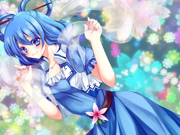 Anime picture 1333x1000 with touhou kaku seiga hiru0130 single blush short hair blue eyes smile blue hair girl dress hair ornament flower (flowers) shawl