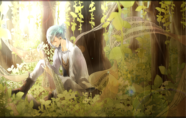 Anime picture 1155x735 with uta no prince-sama a-1 pictures mikaze ai yuchi. (artist) single fringe short hair sitting holding eyes closed sunlight aqua hair wet rain boy plant (plants) tree (trees) boots thigh boots cape