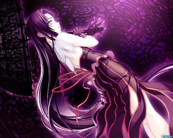 Anime picture 1280x1024 with jingai makyou nitroplus long hair blue eyes purple hair dress gloves umbrella