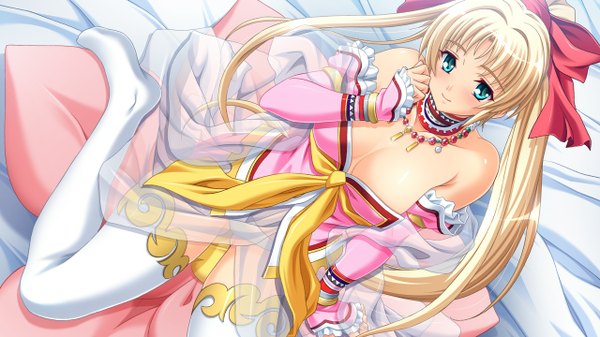 Anime picture 1280x720 with junketsu megami-sama! vishnu (junketsu megami) long hair light erotic blonde hair wide image twintails green eyes game cg girl thighhighs bow hair bow detached sleeves white thighhighs jewelry