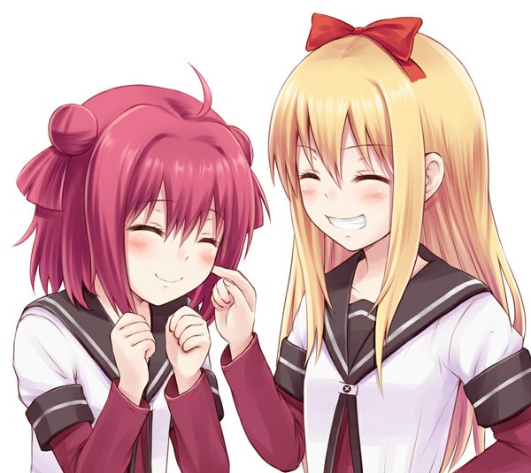 Anime picture 1000x893 with yuru yuri doga kobo toshinou kyouko akaza akari suzushiro yukari long hair blush short hair blonde hair simple background smile white background multiple girls pink hair ahoge eyes closed hand on hip cheek poke girl bow