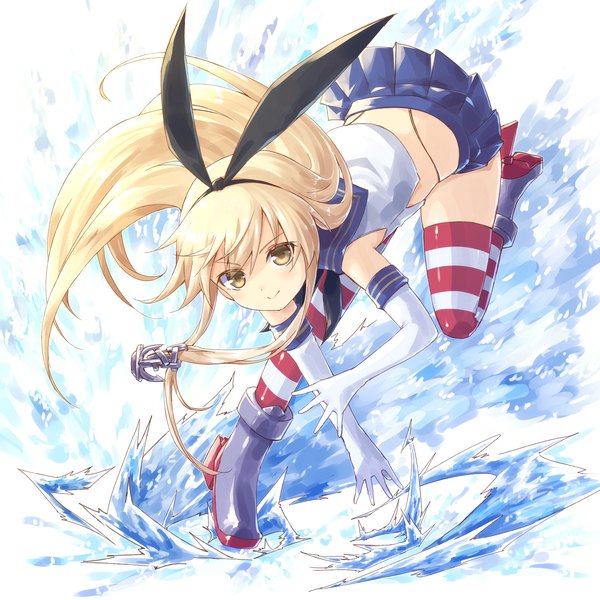 Anime picture 1200x1200 with kantai collection shimakaze destroyer ayakashi (monkeypanch) single long hair blush fringe simple background blonde hair smile hair between eyes white background bare shoulders yellow eyes payot looking away full body head tilt pleated skirt leaning