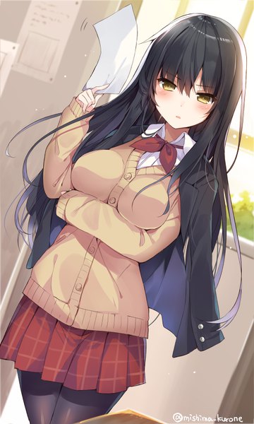 Anime picture 500x833 with original mishima kurone single long hair tall image looking at viewer blush fringe breasts open mouth black hair hair between eyes standing holding signed yellow eyes indoors open jacket dutch angle twitter username