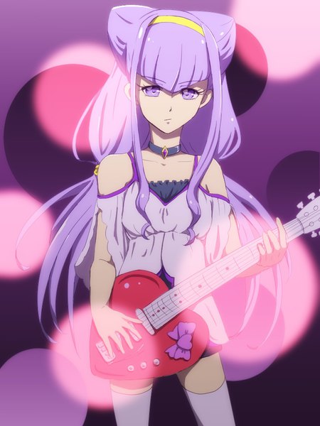 Anime picture 768x1024 with precure hugtto! precure toei animation ruru amour yakan_no single long hair tall image looking at viewer fringe simple background hair between eyes standing purple eyes bare shoulders payot purple hair purple background playing instrument girl
