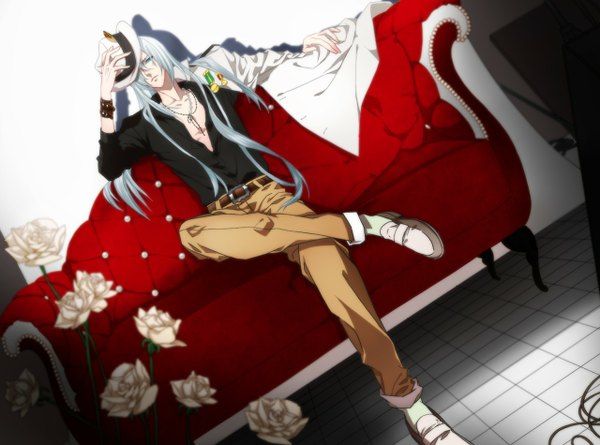 Anime picture 1280x950 with dandelion: wishes brought to you ji-hae cheritz single looking at viewer fringe open mouth blue eyes sitting game cg full body very long hair grey hair scan open clothes open shirt boy flower (flowers) hat bracelet