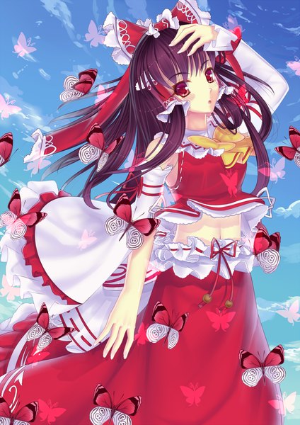 Anime picture 1500x2121 with touhou hakurei reimu xiaoai single long hair tall image blush black hair red eyes midriff miko girl skirt bow hair bow detached sleeves insect butterfly skirt set