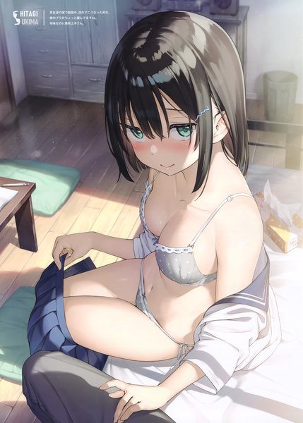 Anime picture 3521x4927 with original kantoku tall image looking at viewer blush fringe highres short hair breasts light erotic black hair smile hair between eyes large breasts sitting absurdres indoors pleated skirt aqua eyes from above