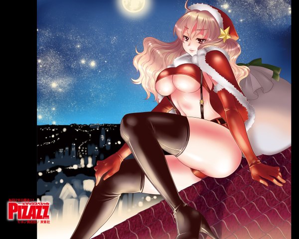 Anime picture 1280x1024 with action pizazz pon takahanada (artist) single long hair breasts light erotic blonde hair smile red eyes sitting ahoge legs fur trim girl gloves navel elbow gloves shorts star (symbol) fur