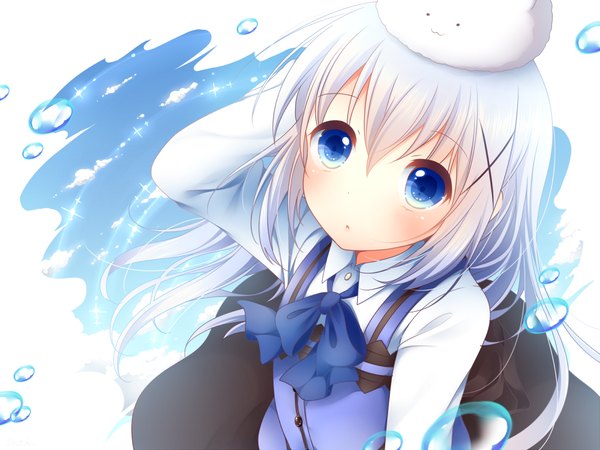 Anime picture 1200x900 with gochuumon wa usagi desu ka? white fox kafuu chino tippy (gochiusa) sanotsuki single long hair looking at viewer blue eyes white background white hair animal on head girl dress animal x hair ornament bubble (bubbles) rabbit house uniform