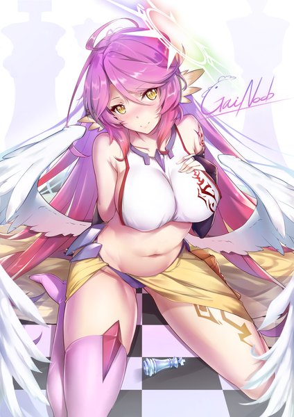Anime-Bild 3507x4960 mit no game no life madhouse jibril (no game no life) gainoob single long hair tall image looking at viewer blush fringe highres breasts light erotic hair between eyes sitting signed yellow eyes pink hair absurdres head tilt