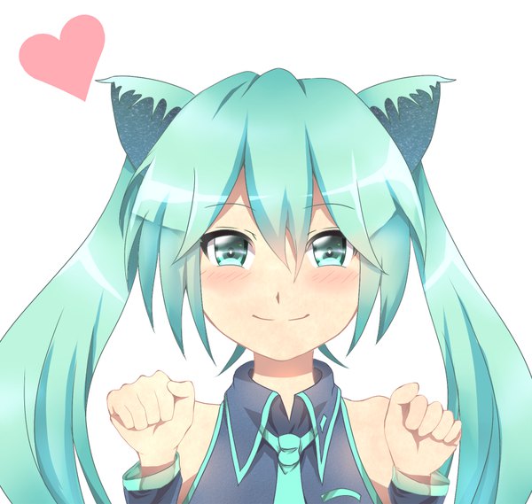 Anime picture 900x854 with vocaloid hatsune miku ohiya single long hair looking at viewer blush fringe simple background smile hair between eyes white background twintails bare shoulders animal ears payot upper body aqua eyes cat ears aqua hair