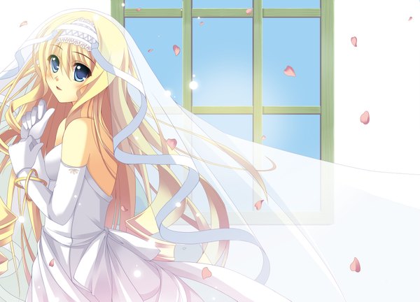 Anime picture 2000x1443 with infinite stratos 8bit cecilia orcott long hair blush highres blue eyes blonde hair girl dress gloves petals elbow gloves window wedding dress