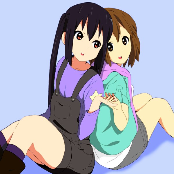 Anime picture 1000x1000 with k-on! kyoto animation hirasawa yui nakano azusa kaiman long hair short hair open mouth black hair brown hair twintails multiple girls brown eyes loli back to back girl 2 girls overalls