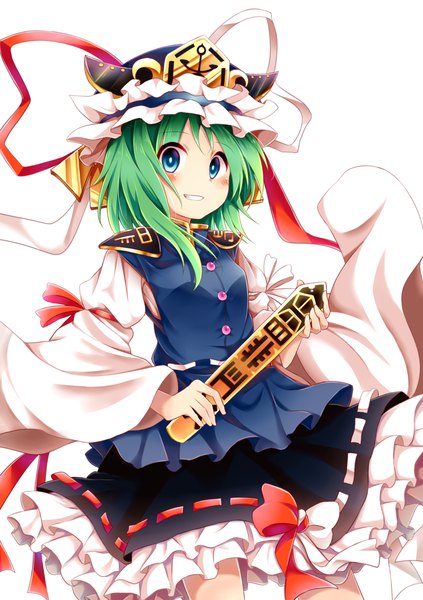 Anime picture 917x1300 with touhou shikieiki yamaxanadu chikuwa savi single tall image looking at viewer blush fringe blue eyes simple background smile white background holding payot parted lips green hair wide sleeves teeth puffy sleeves girl