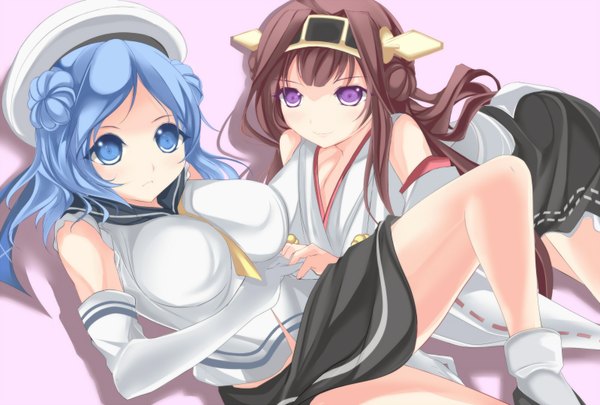 Anime picture 1600x1080 with kantai collection kongou battleship urakaze destroyer marionette (excle) long hair looking at viewer blue eyes light erotic brown hair purple eyes multiple girls blue hair nontraditional miko girl skirt gloves hair ornament 2 girls elbow gloves black skirt