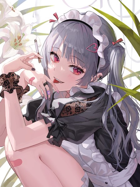 Anime picture 1406x1875 with original okuma mai single long hair tall image looking at viewer blush fringe smile red eyes twintails holding blunt bangs nail polish fingernails grey hair arms up short sleeves maid puffy sleeves