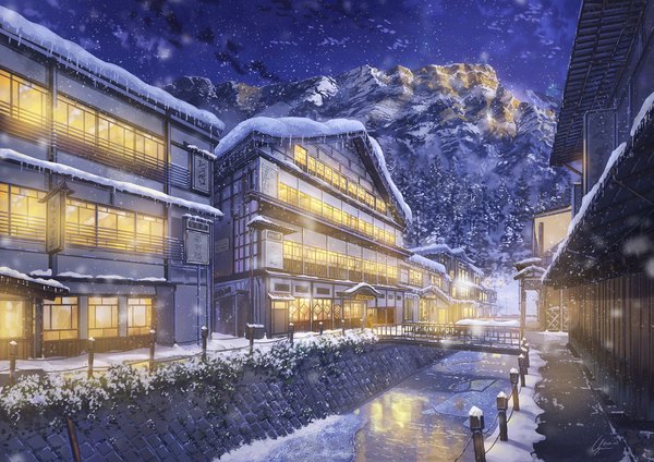 Anime picture 1920x1357 with original niko p highres outdoors night night sky light snowing winter snow mountain no people scenic real world location water building (buildings) bridge ice lamppost canal