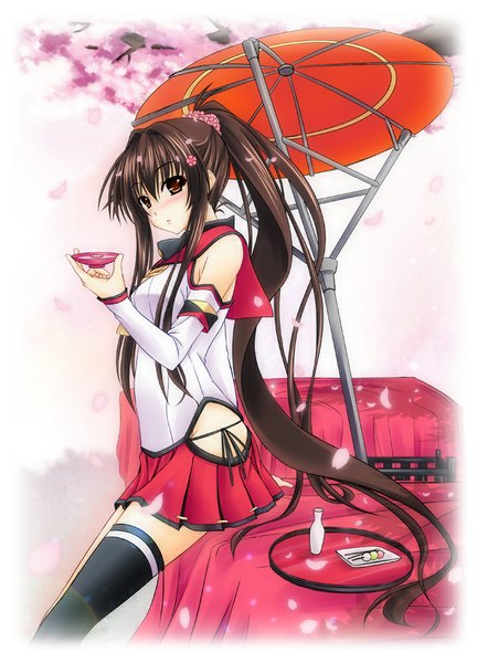 Anime picture 720x1000 with kantai collection yamato super battleship aoi hiro long hair tall image blush red eyes brown hair ponytail very long hair traditional clothes zettai ryouiki cherry blossoms girl thighhighs black thighhighs plant (plants) detached sleeves petals tree (trees)