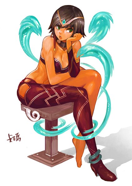 Anime picture 707x1000 with league of legends karma (league of legends) canking single tall image short hair open mouth light erotic black hair simple background white background green eyes looking away girl