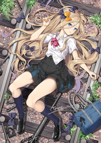 Anime picture 627x885 with fate (series) fate/grand order abigail williams (fate) tyone single long hair tall image looking at viewer blush fringe blue eyes blonde hair hair between eyes signed full body outdoors lying nail polish pleated skirt from above