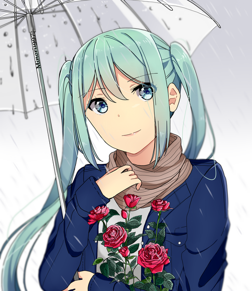 Anime picture 2000x2300 with vocaloid hatsune miku sunnypoppy single long hair tall image looking at viewer fringe highres blue eyes simple background hair between eyes twintails signed payot long sleeves light smile aqua hair grey background open clothes