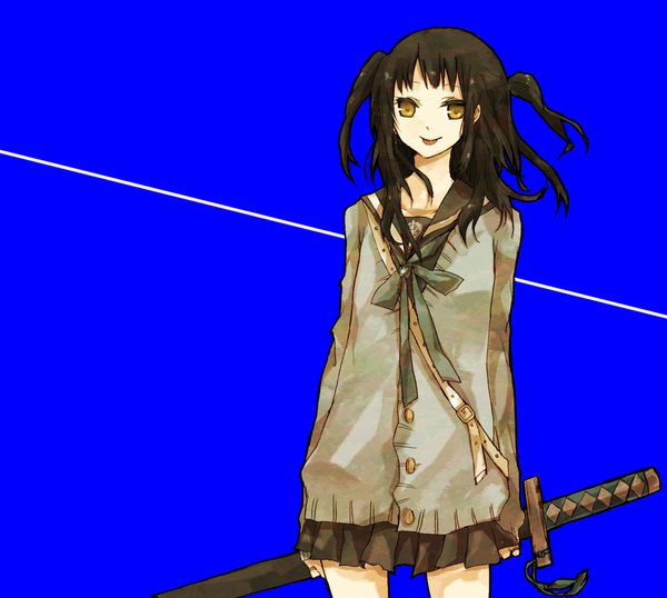 Anime picture 1000x897 with original buzz single short hair black hair simple background standing brown eyes two side up blue background girl sword serafuku tongue katana sweater