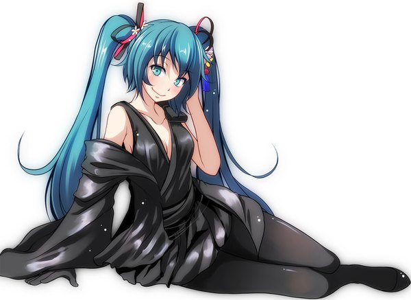 Anime picture 1300x948 with project diva project diva f 2nd vocaloid yubikiri (vocaloid) hatsune miku tsukishiro saika single long hair looking at viewer blush fringe breasts simple background smile white background sitting twintails cleavage full body aqua eyes