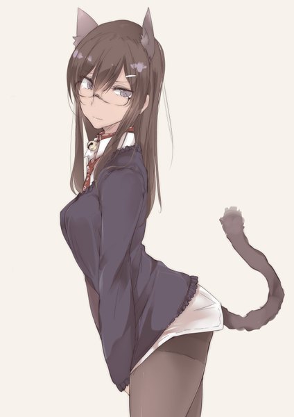 Anime picture 1301x1841 with original touma raito single long hair tall image blush fringe breasts blue eyes light erotic simple background hair between eyes brown hair standing white background animal ears payot looking away upper body tail