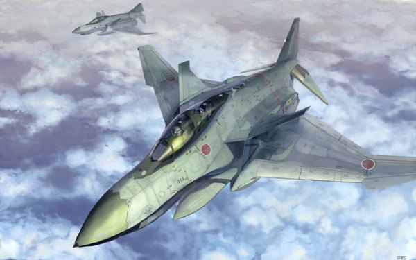 Anime picture 1440x900 with ran pota (artist) wide image cloud (clouds) wallpaper flying mecha aircraft airplane