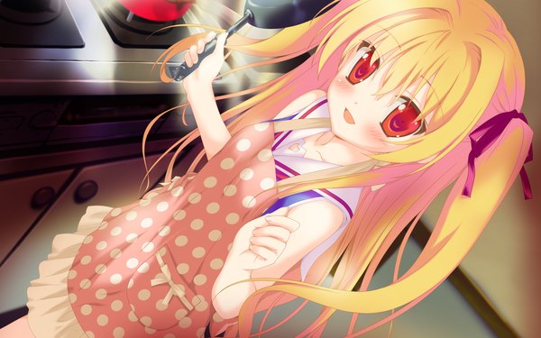 Anime picture 2048x1280 with irotoridori no sekai nikaidou shinku shida kazuhiro long hair blush highres open mouth blonde hair red eyes wide image game cg loli girl ribbon (ribbons) hair ribbon apron