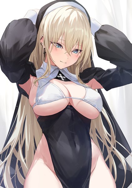 Anime picture 900x1273 with original guchico single long hair tall image blush fringe breasts blue eyes light erotic blonde hair hair between eyes large breasts standing long sleeves light smile arms up armpit (armpits) puffy sleeves piercing