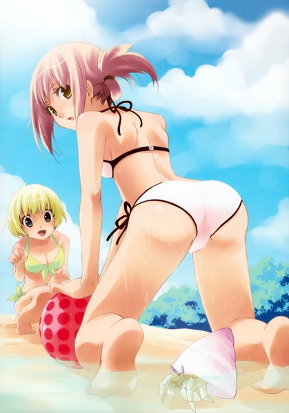 Anime picture 2820x4036 with bomi tall image highres short hair blue eyes light erotic blonde hair multiple girls brown eyes pink hair sky cloud (clouds) ass looking back beach kneeling tan lines girl 2 girls swimsuit