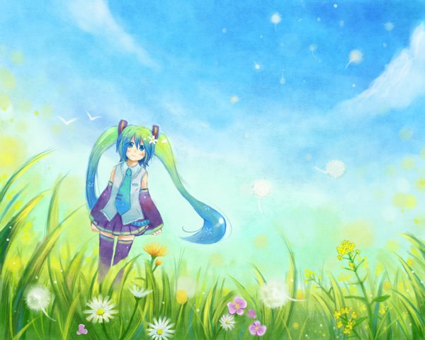 Anime picture 1280x1024 with vocaloid hatsune miku single long hair blush fringe smile standing twintails sky cloud (clouds) full body hair flower aqua eyes aqua hair gradient hair girl hair ornament flower (flowers) plant (plants)