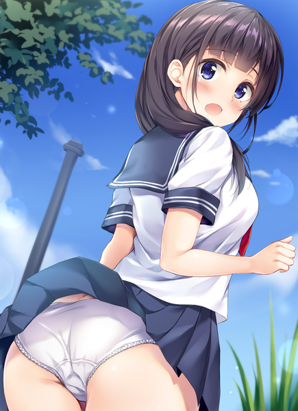 Anime picture 725x1000 with original pasdar single long hair tall image looking at viewer blush fringe open mouth blue eyes light erotic black hair standing sky cloud (clouds) outdoors ass blunt bangs looking back wind