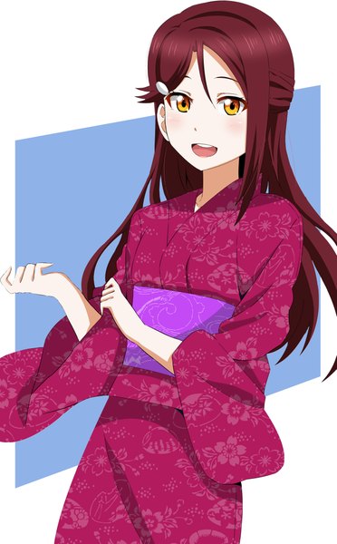 Anime picture 1455x2345 with love live! sunshine!! sunrise (studio) love live! sakurauchi riko tarokichi single long hair tall image looking at viewer blush fringe open mouth simple background hair between eyes standing yellow eyes payot red hair traditional clothes :d