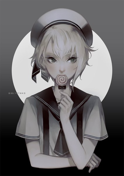 Anime picture 672x950 with original lucia (biblyoteka) single tall image fringe short hair hair between eyes signed looking away upper body white hair grey eyes boy hat food sweets candy sailor suit lollipop sailor hat