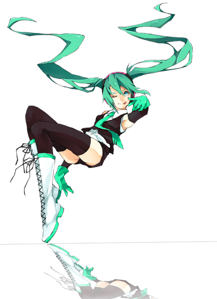 Anime picture 2549x3500 with vocaloid hatsune miku pyon0x0 single long hair tall image fringe highres blue eyes twintails one eye closed green hair wink armpit (armpits) reflection transparent background lacing pointing girl thighhighs