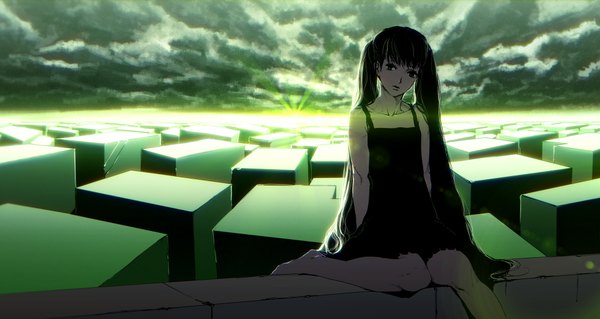 Anime picture 1920x1021 with vocaloid hatsune miku nagimiso single fringe highres black hair wide image sitting twintails looking away sky barefoot black eyes alternate costume alternate color girl