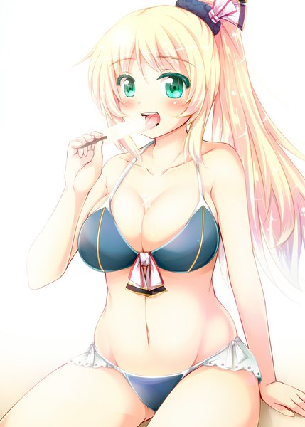 Anime picture 715x1000 with kantai collection atago heavy cruiser tekehiro single long hair tall image looking at viewer blush breasts open mouth light erotic simple background blonde hair smile large breasts white background sitting green eyes cleavage ponytail