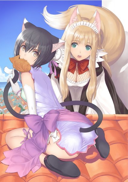Anime picture 1284x1823 with shining (series) shining hearts shaomei rin lorna (shining hearts) tony taka long hair tall image highres short hair open mouth light erotic black hair blonde hair multiple girls holding green eyes animal ears yellow eyes absurdres tail