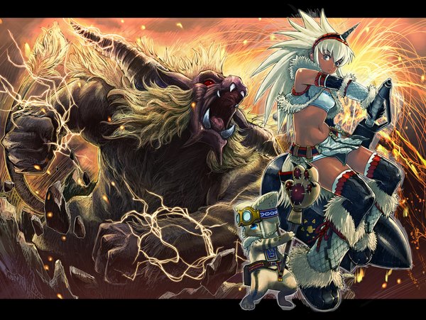 Anime picture 1000x752 with monster hunter kirin (armor) monster hunter (character) boyaking(sbf) long hair open mouth blue eyes red eyes green eyes white hair horn (horns) teeth fang (fangs) goggles on head spiked hair girl thighhighs navel weapon animal