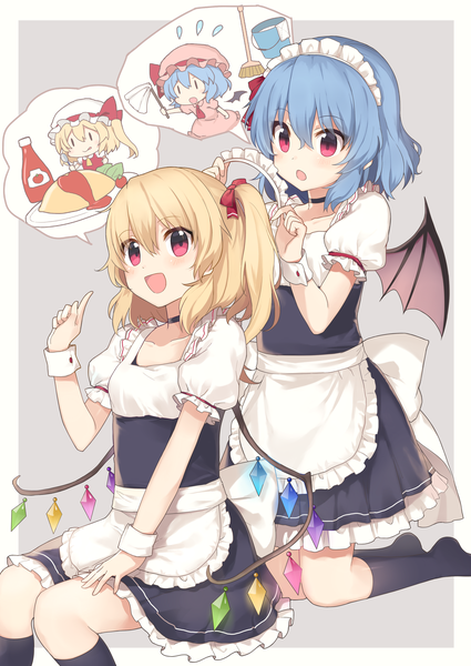 Anime picture 2507x3541 with touhou flandre scarlet remilia scarlet yada (xxxadaman) tall image looking at viewer blush fringe highres short hair open mouth simple background blonde hair smile hair between eyes red eyes sitting multiple girls blue hair looking away