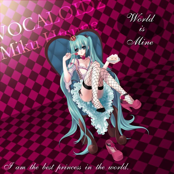 Anime picture 1722x1722 with vocaloid world is mine (vocaloid) hatsune miku nana mikoto single long hair looking at viewer fringe highres light erotic hair between eyes twintails very long hair parted lips aqua eyes aqua hair character names text english checkered floor