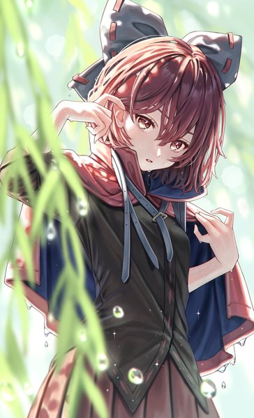 Anime picture 2670x4400 with touhou sekibanki torinari (dtvisu) single tall image looking at viewer fringe highres short hair hair between eyes red eyes upper body red hair head tilt depth of field girl bow hair bow water drop
