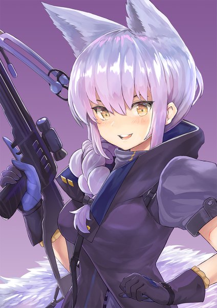 Anime picture 900x1272 with arknights provence (arknights) mg42cat-k1ng single long hair tall image open mouth simple background animal ears yellow eyes purple hair upper body braid (braids) :d single braid wolf ears purple background trigger discipline girl gloves