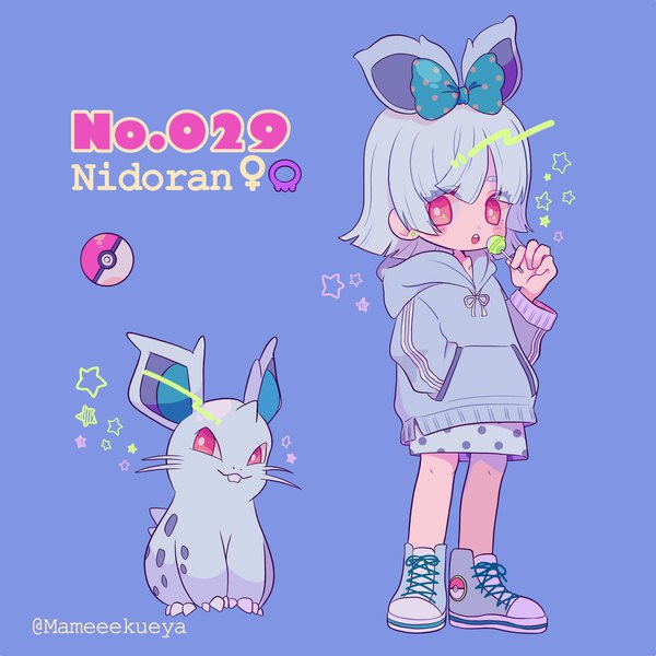 Anime picture 1923x1923 with pokemon nintendo nidoran mameeekueya single highres short hair simple background red eyes standing signed full body grey hair character names twitter username hand in pocket purple background gen 1 pokemon personification blush stickers