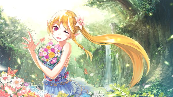Anime picture 2134x1200 with original kamome yuu single looking at viewer blush highres open mouth blonde hair smile wide image purple eyes bare shoulders holding outdoors very long hair one eye closed hair flower wind pointy ears wink
