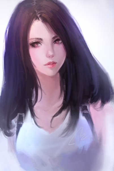 Anime picture 900x1342 with final fantasy final fantasy vii square enix tifa lockhart chaosringen single long hair tall image black hair looking away pink eyes lips realistic gradient background girl suspenders